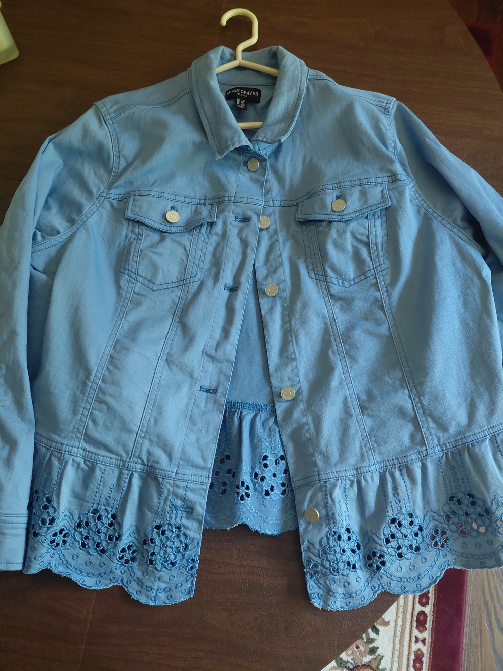 Susan Graver Light Blue Embroidered-Hem Women's Jacket - Picture 4 of 11